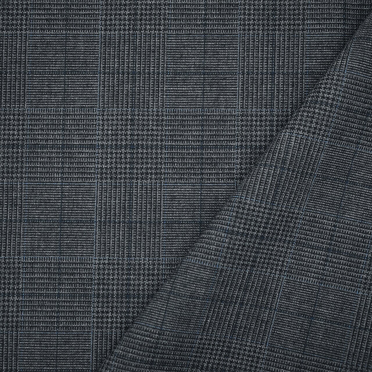 Gray-Blue-Black Polyester Wool Glen Plaid Check Shirting Woven Fabric By the Yard